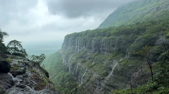 4K view of an amazing valley with multiple waterfalls in Bhimashankar Wildlife Sanctuary, Western Ghats
