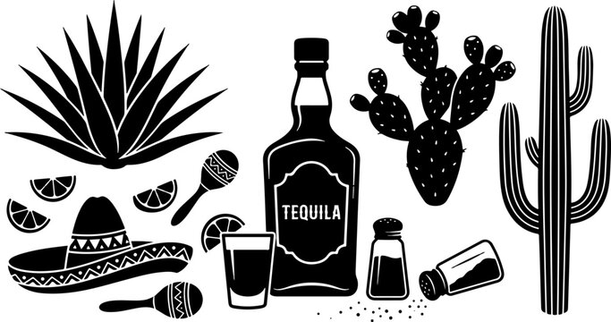 Mexican culture and tequila silhouette icon set with agave plant, bottle, shot glass, sombrero, lime, maracas, and cactus