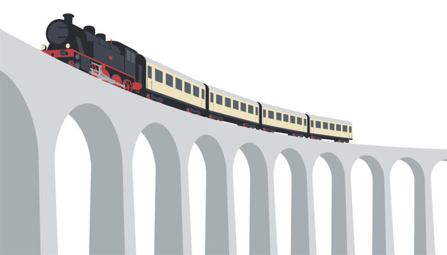 Classic black steam locomotive pulling passenger cars across a high arched stone viaduct bridge against a clean white background.