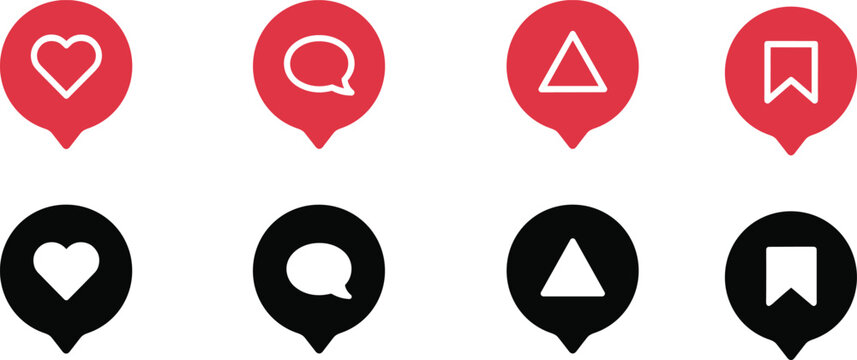 Location marker icons featuring heart speech bubble triangle and bookmark symbols in red and black variations flat vector illustration pin map
