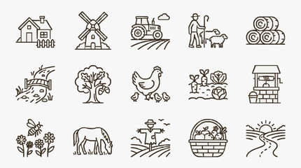 Obraz premium Professional Black and White Line Drawing Icons Set Featuring Farm Life Agriculture and Rural Elements