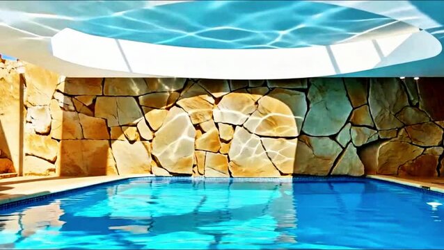 AI Generated Luxury Indoor Swimming Pool with Natural Stone Wall and Sunlight Reflections