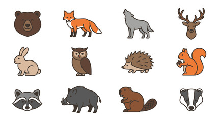 Collection of Forest Animals in Cartoon Style.
