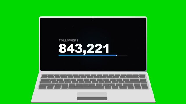 Follower counter increasing on laptop screen green background. 4K Video