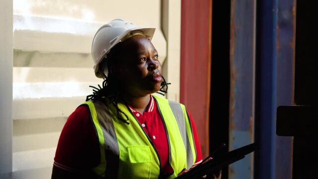 Female African American logistics worker in safety vest and hard hat inspecting cargo containers with a digital tablet. She checks inventory, points up, and manages shipping operations at a port.
