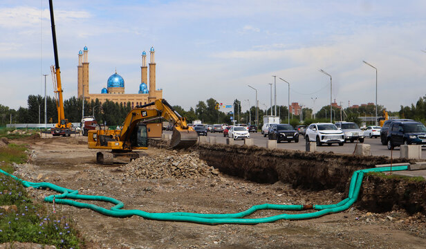 Kazakhstan, Ust-Kamenogorsk, august 6, 2025: Early stages of road widening and transport interchange construction on Satpayev Avenue