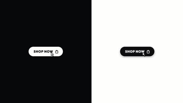 Shop Now Button Animation with Mouse Click on White and Black Background. 4K Video