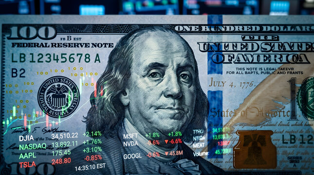 Digital stock market charts overlay on currency bill with digital superimposition financial financial trading data over paper currency transaction
