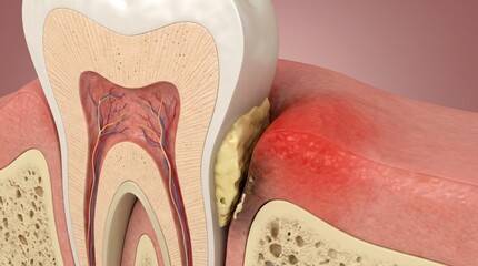 Fototapeta premium A cross-section illustration showing a tooth with heavy plaque buildup causing inflamed gum tissue.