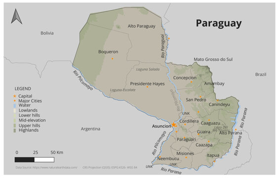 Political Administrative Physiographic Paraguay Map