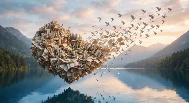 Ethereal digital art of a book cloud releasing paper cranes over a reflective water