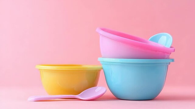 selective focus vibrant multicolored ceramic bowls on table