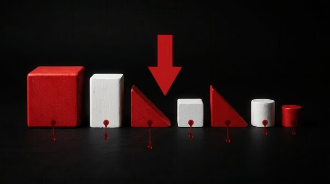 Group of red and white wooden blocks in A minimalist graph with arrow