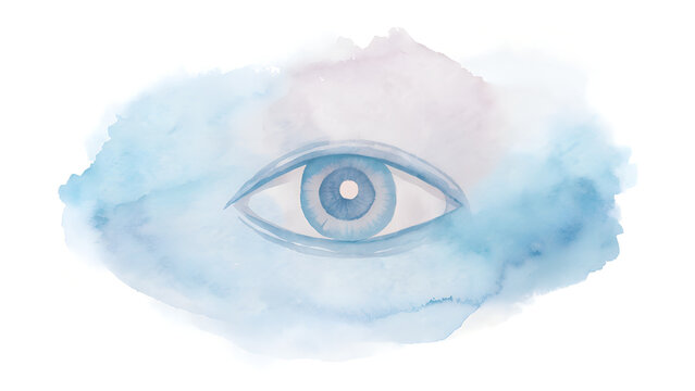 Human eye illustration detailed blue iris centered on dreamy soft watercolor paint cloud background for mystical design.
