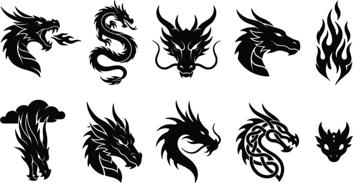 Collection of powerful tribal dragon head silhouettes featuring fire breathing monsters chinese serpents and celtic knots for traditional fantasy tattoo artwork and mascot emblems
