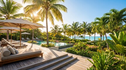 Fototapeta premium Luxury tropical garden with palm trees, wooden deck, pool lounge area, vacation vibe