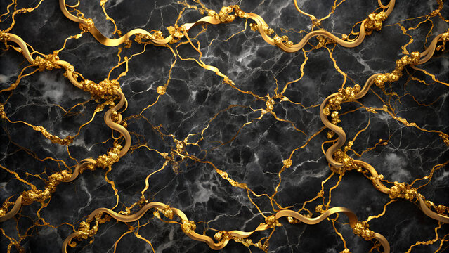 Elegant golden ribbon with sparkling gems on dark marble texture background, abstract luxurious design.