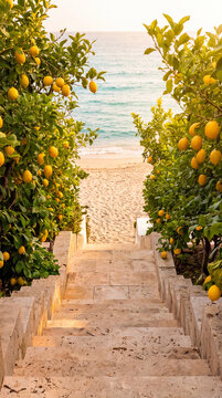 Stone stairs leading down to a sandy beach with turquoise sea framed by lush yellow lemon trees in warm sunlight