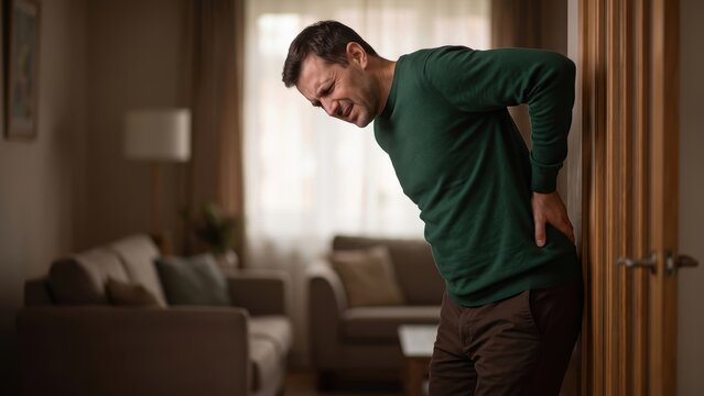 Man with lower back pain grimacing in living room, chronic spine injury concept