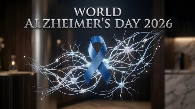 Blue Ribbon with Neural Structure World Alzheimer's Day Concept