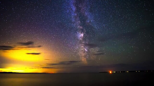 Milky way galaxy timelapse rolling over tranquil night ocean horizon