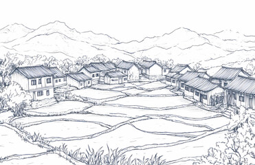 Fototapeta premium Sketch of a Chinese Mountain Village