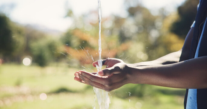 Nature, water and man washing hands outdoor for hygiene, sanitation and grooming with self care. Wellness, health and person cleaning skin for removal of dirt, germs or bacteria in countryside.