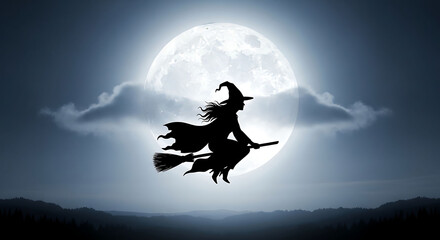Naklejka premium Witch flying over moonlit mountains with full moon and dark clouds