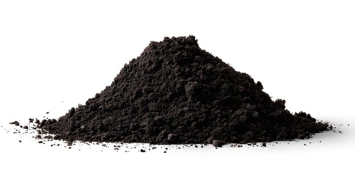 A pile of dark, rich soil or compost on a white background.
