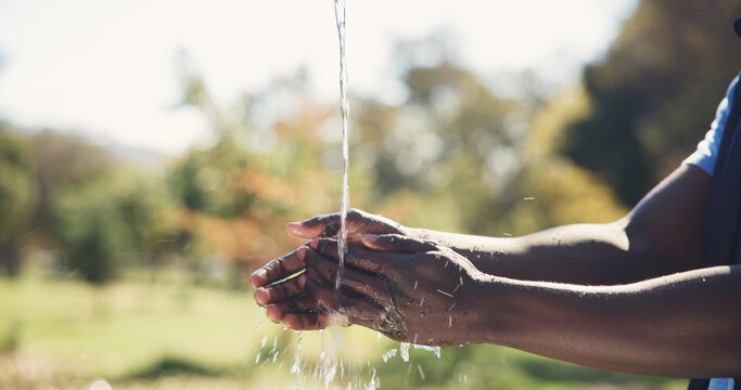 Safety, water and man washing hands outdoor for hygiene, sanitation and grooming with self care. Wellness, health and person cleaning skin for removal of dirt, germs or bacteria in countryside.
