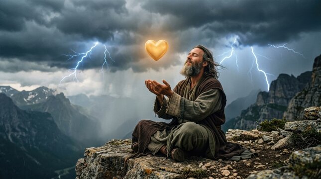 Man in robe sitting on rocky cliff looking Moses receiving tablet with ten commandment mountain