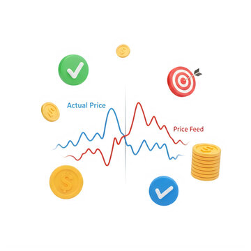 A graph comparing actual price and price feed with coins and checkmarks