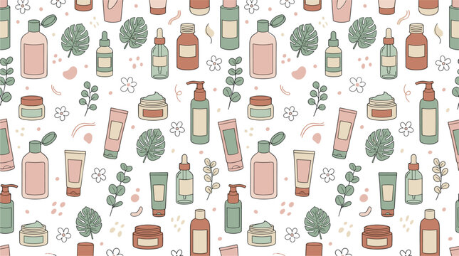 Skincare and Cosmetic Products Seamless Pattern Design with Organic Lotion Bottles, Cream Jars, Serums, and Tropical Leaves for Beauty Packaging and Spa Backgrounds