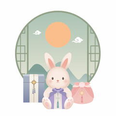 Obraz premium Cute Rabbit with Traditional Korean Gift Boxes and Lucky Pouch, Chuseok Holiday Illustration