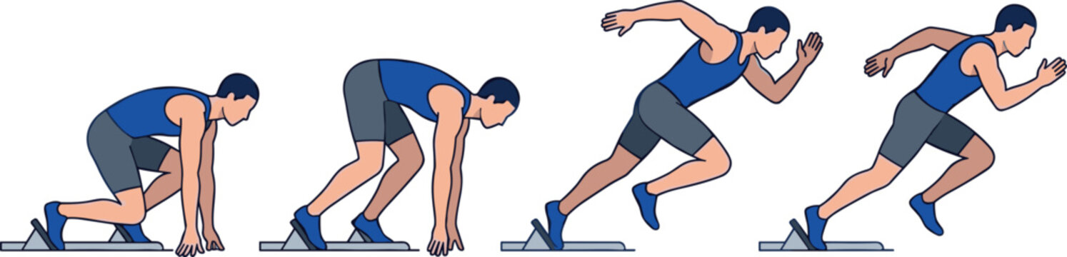 Male Athlete Sprinter Starting Sequence Vector Illustration Showing Step by Step Motion from Starting Blocks for Sports and Fitness Designs