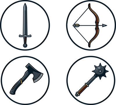 Medieval Weapon Icon Set with Sword, Bow and Arrow, Battle Axe, and Spiked Mace Symbols for Gaming, Apps, and Historical Designs
