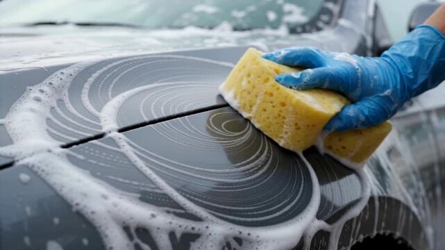 A close up view of a hand wearing a blue rubber glove cleaning a dark grey car with a yellow sponge.