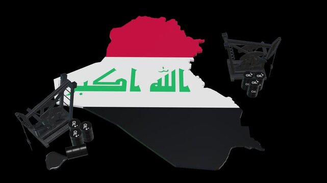 3D Oil Pump Jacks and Barrels on Iraq Map Flag &ndash; Energy Industry and Petroleum Production
