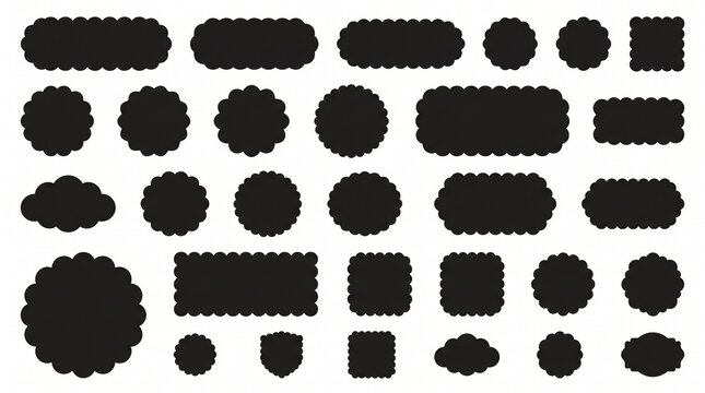 "Create a premium flat vector collection of black scalloped badge shapes arranged in a clean grid layout on a white or transparent background. The set should feature multiple decorative seal labels in