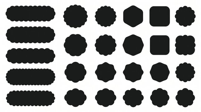 "Create a premium flat vector collection of black scalloped badge shapes arranged in a clean grid layout on a white or transparent background. The set should feature multiple decorative seal labels in