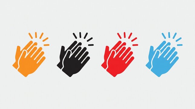"Create a professional flat vector icon set featuring four stylized clapping hands symbols arranged horizontally on a clean light gray or transparent background. Each icon should show two overlapping 