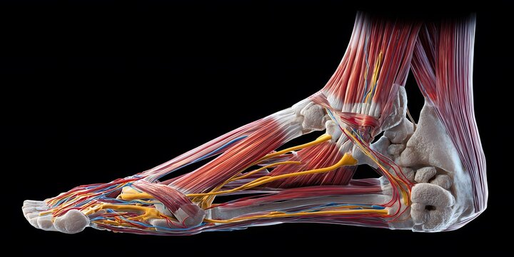 Anatomical illustration of the human foots musculature and skeletal structure.