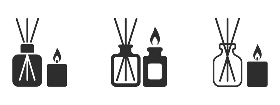 Reed diffuser and scented candle icon set in three styles, elegant home fragrance collection featuring aroma diffuser, scented candle, essential oils, spa d&eacute;cor, wellness.