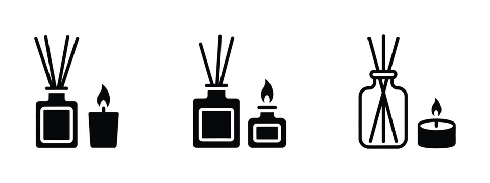 Reed diffuser and scented candle icon set in three styles, elegant home fragrance collection featuring aroma diffuser, scented candle, essential oils, spa d&eacute;cor, wellness.