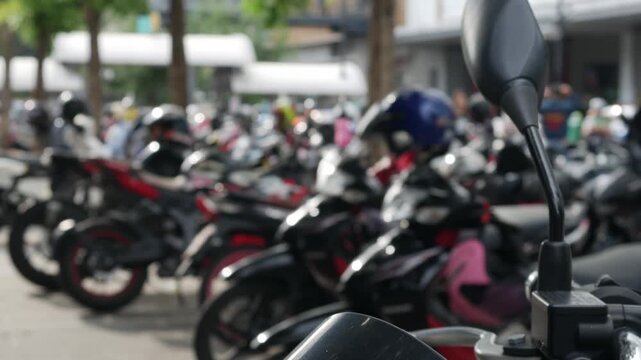 Blurred Defocused Crowded Motorcycle Parking Lot with Trees Outside Urban Shopping Area Street Lifestyle 