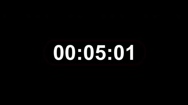 Simple digital stopwatch counting minutes and seconds on a black background with red border accents for easy alpha channel blending in video production and motion graphics