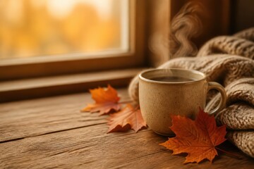 Fototapeta premium Steaming Mug by Window with Autumn Leaves