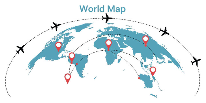 Infographic vector world map with multiple locations and red pointers for business presentations, global communication, data visualization, and professional templates.