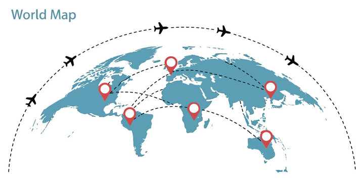 Infographic vector world map with multiple locations and red pointers for business presentations, global communication, data visualization, and professional templates.
