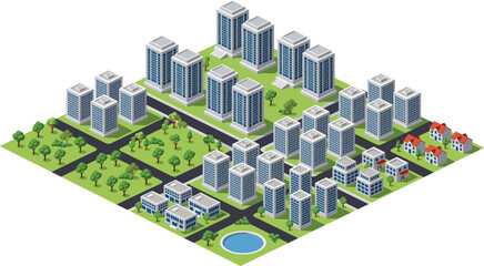 Fototapeta premium 3D Isometric Modern City Layout with High Rise Buildings Residential Area and Green Urban Planning